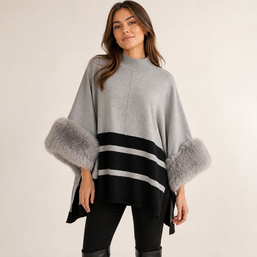 Philosophy Republic Clothing Faux Fur Cuff Poncho Sweater Grey Black Striped L